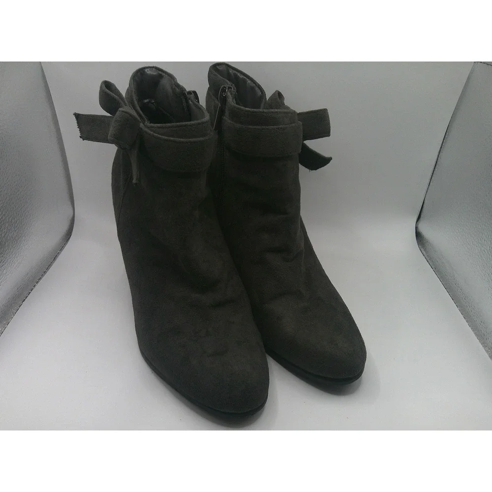 Monessa Women's Ankle Boots Charcoal Gray Faux Suede Bow Block Heel Booties 8.5M